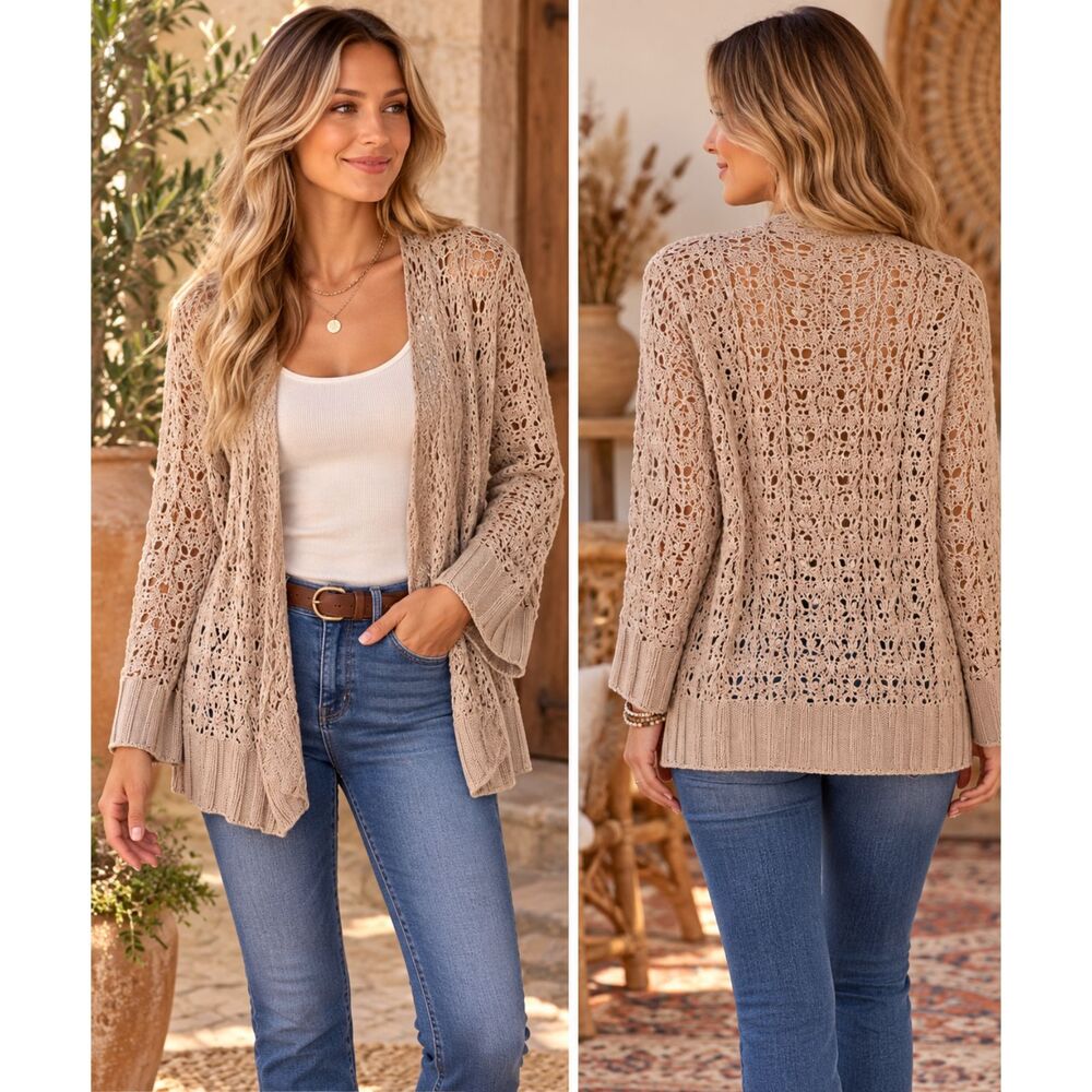 Calypso St. Barth Crochet Sweater Taupe Open Front Size S Boho Crochet